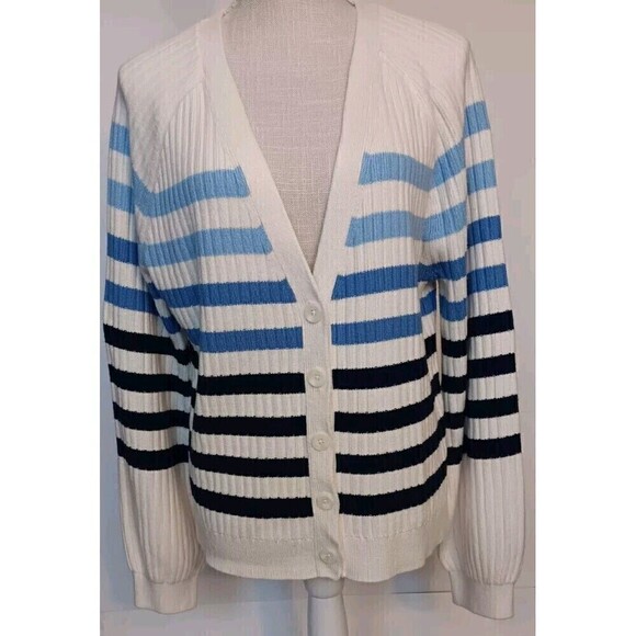 Talbots Women's Size L Cream Cardigan Button-Up w/Light Blue and Navy Stripes - Picture 1 of 9